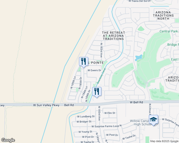 map of restaurants, bars, coffee shops, grocery stores, and more near 18451 West Ewers Drive in Surprise