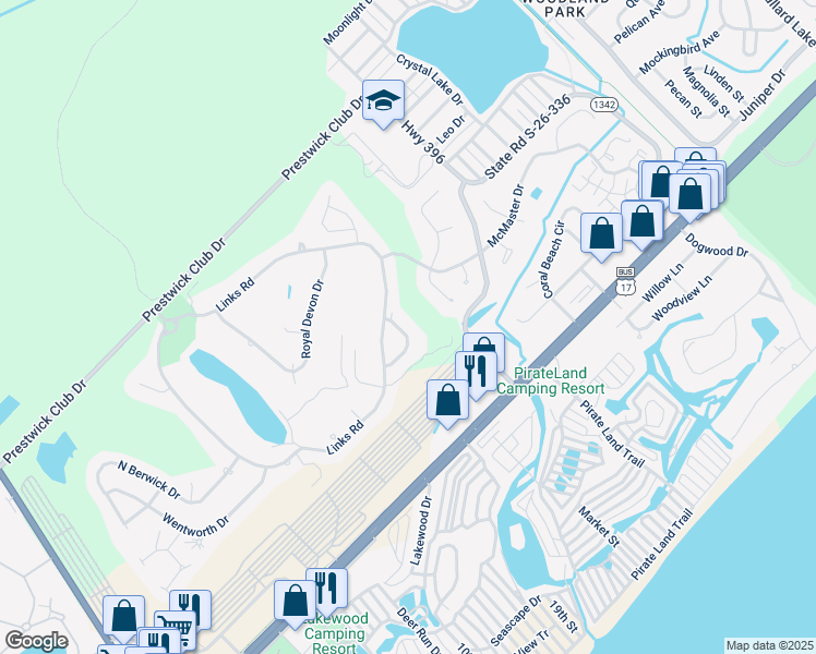 map of restaurants, bars, coffee shops, grocery stores, and more near 201 Pipers Lane in Myrtle Beach