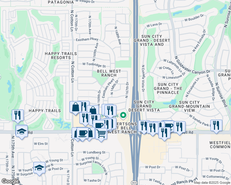 map of restaurants, bars, coffee shops, grocery stores, and more near 16815 West Bradford Way in Surprise