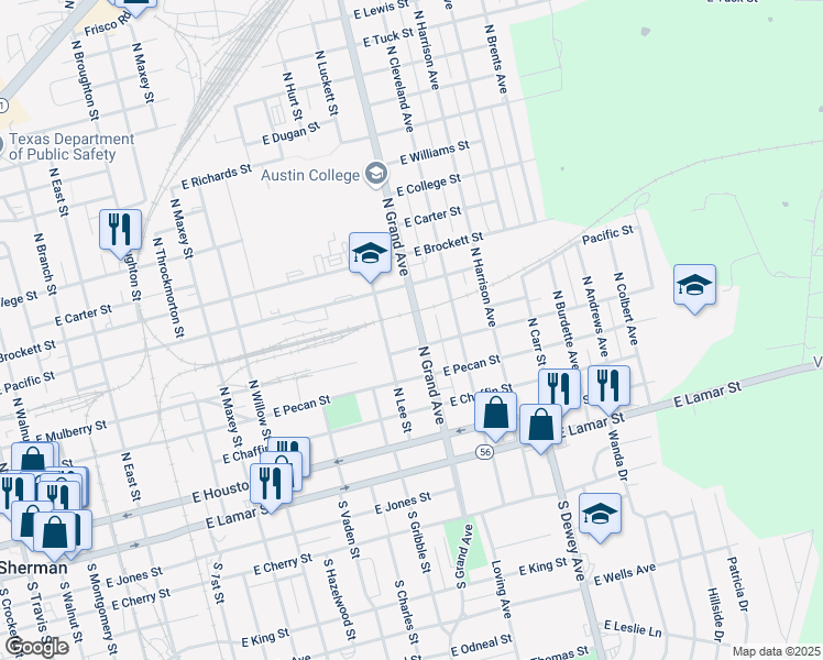 map of restaurants, bars, coffee shops, grocery stores, and more near 414 North Grand Avenue in Sherman