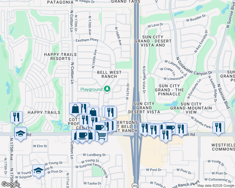 map of restaurants, bars, coffee shops, grocery stores, and more near 16815 West Bradford Way in Surprise