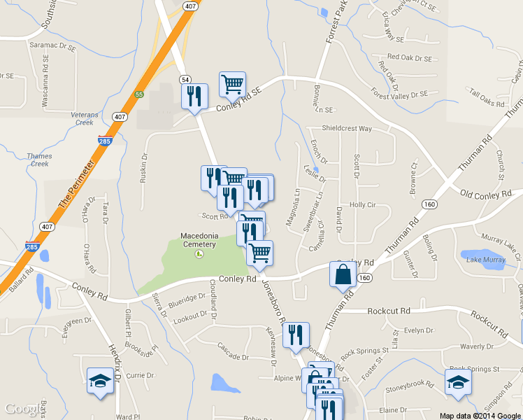 map of restaurants, bars, coffee shops, grocery stores, and more near 4140 Jonesboro Road in Forest Park