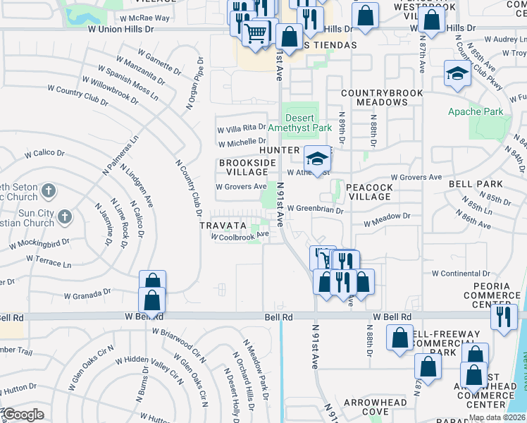 map of restaurants, bars, coffee shops, grocery stores, and more near 9144 West Meadow Drive in Peoria
