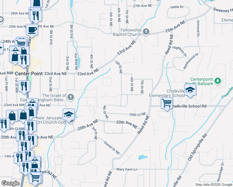 map of restaurants, bars, coffee shops, grocery stores, and more near 436 Woodland Court Northeast in Center Point
