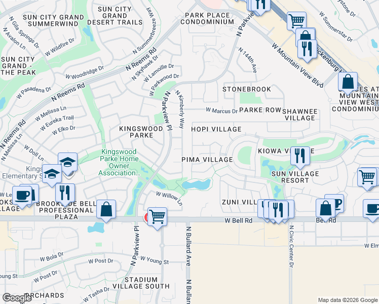 map of restaurants, bars, coffee shops, grocery stores, and more near 17327 North Kimberly Way in Surprise
