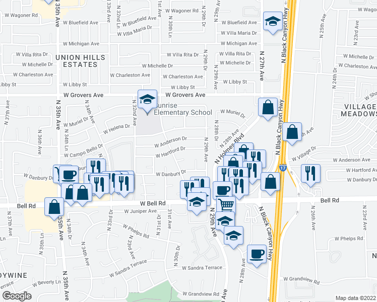 map of restaurants, bars, coffee shops, grocery stores, and more near 2933 West Hartford Drive in Phoenix