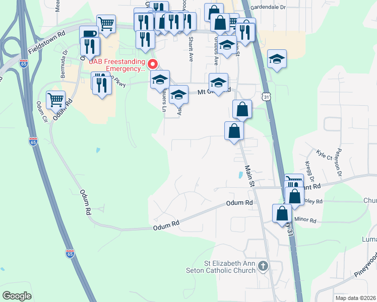 map of restaurants, bars, coffee shops, grocery stores, and more near 4358 Shivas Way in Gardendale