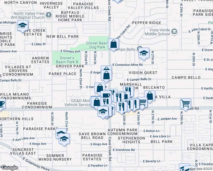 map of restaurants, bars, coffee shops, grocery stores, and more near 17230 North Cave Creek Road in Phoenix