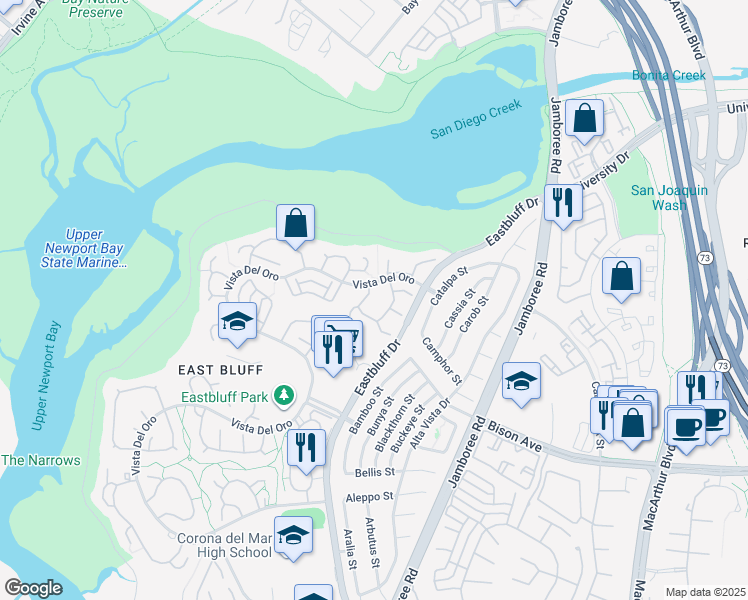 map of restaurants, bars, coffee shops, grocery stores, and more near 2715 Vista Umbrosa in Newport Beach