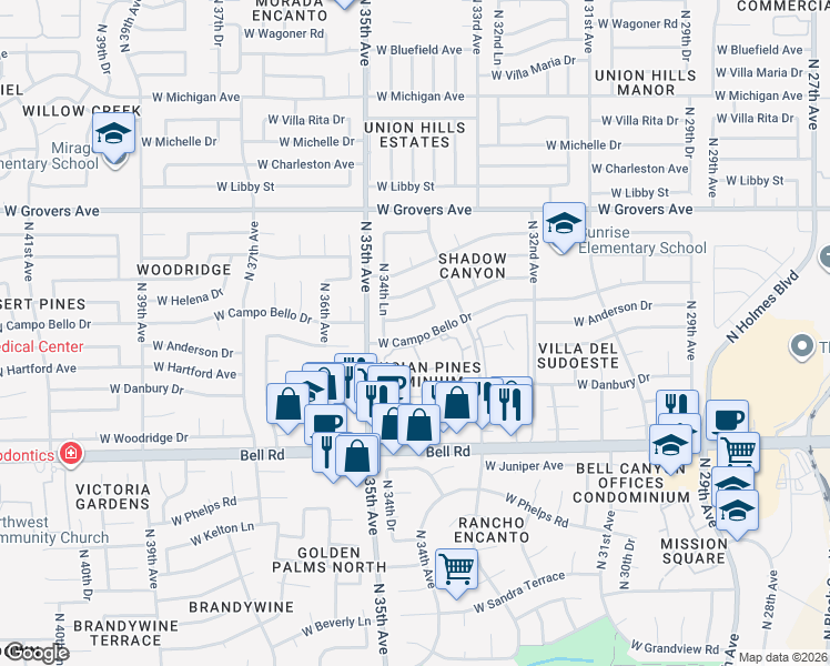 map of restaurants, bars, coffee shops, grocery stores, and more near 3444 West Campo Bello Drive in Phoenix