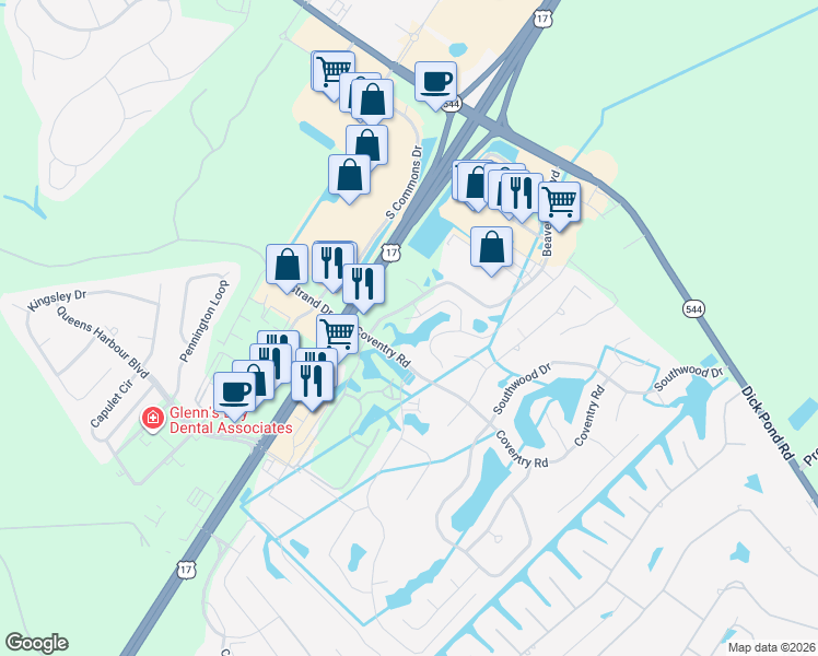 map of restaurants, bars, coffee shops, grocery stores, and more near 255 Hull Street in Surfside Beach