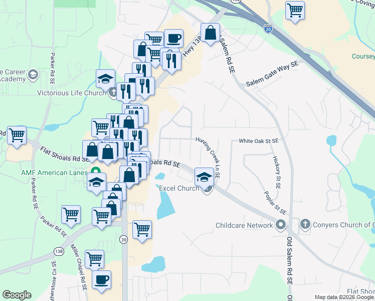 map of restaurants, bars, coffee shops, grocery stores, and more near 1742 Bob White Lane Southeast in Conyers