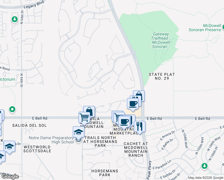 map of restaurants, bars, coffee shops, grocery stores, and more near 9986 East Ridgerunner Place in Scottsdale