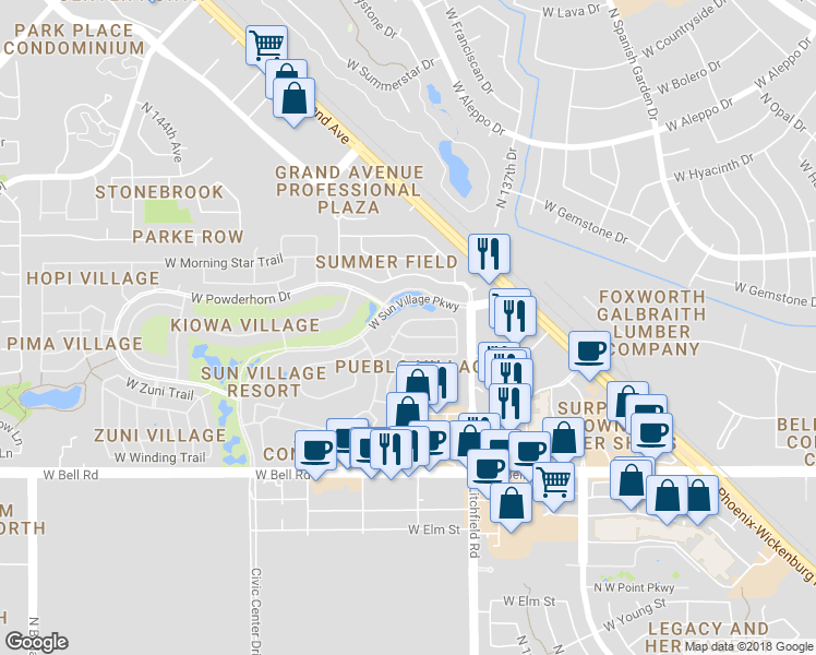 map of restaurants, bars, coffee shops, grocery stores, and more near 14021 West Pueblo Trail in Surprise