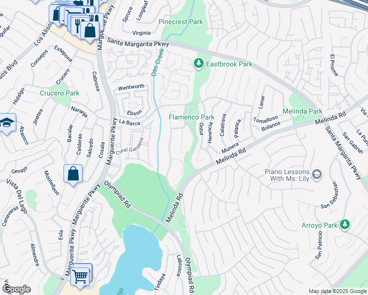 map of restaurants, bars, coffee shops, grocery stores, and more near 21962 Birchwood in Mission Viejo