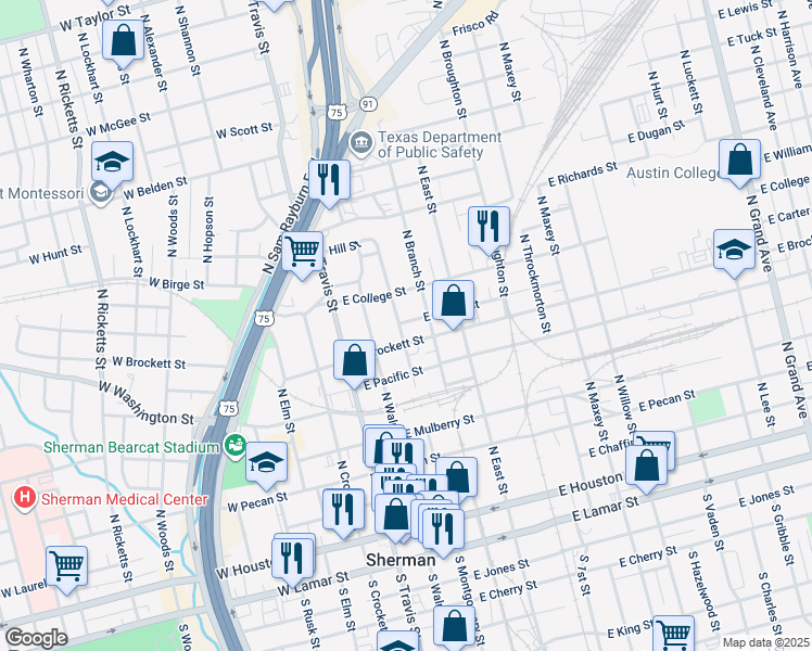 map of restaurants, bars, coffee shops, grocery stores, and more near 715 North Montgomery Street in Sherman