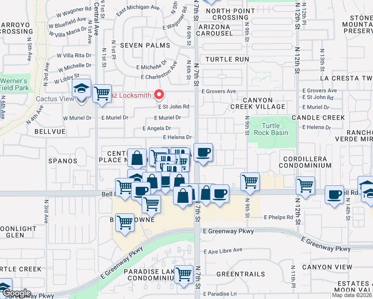 map of restaurants, bars, coffee shops, grocery stores, and more near 613 East Campo Bello Drive in Phoenix