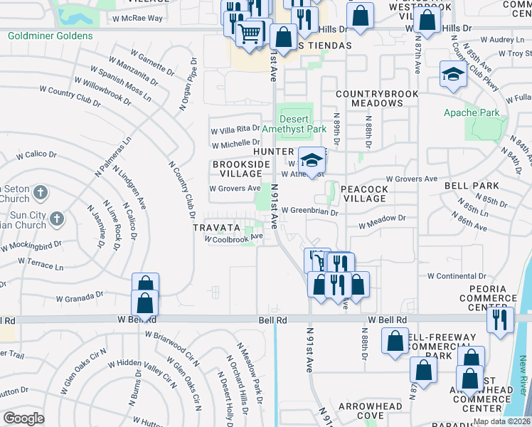 map of restaurants, bars, coffee shops, grocery stores, and more near 9144 West Meadow Drive in Peoria