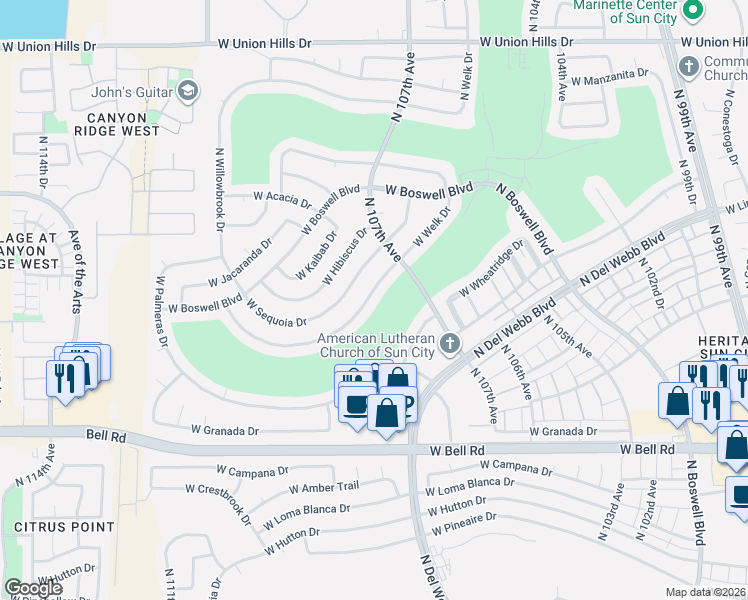 map of restaurants, bars, coffee shops, grocery stores, and more near 10729 West Welk Drive in Sun City