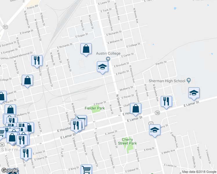 map of restaurants, bars, coffee shops, grocery stores, and more near 417 North Lee Street in Sherman
