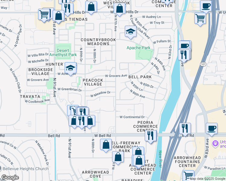 map of restaurants, bars, coffee shops, grocery stores, and more near 8710 West Meadow Drive in Peoria