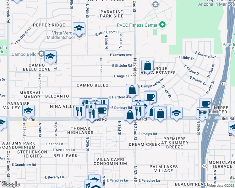 map of restaurants, bars, coffee shops, grocery stores, and more near 3049 East Campo Bello Drive in Phoenix