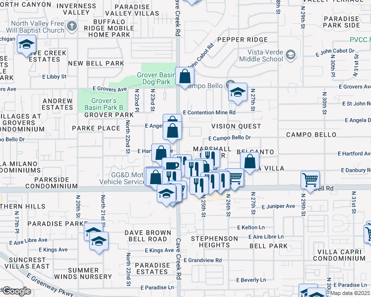 map of restaurants, bars, coffee shops, grocery stores, and more near 17365 North Cave Creek Road in Phoenix