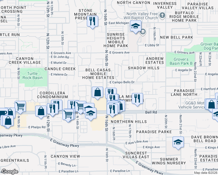 map of restaurants, bars, coffee shops, grocery stores, and more near 17237 North 15th Place in Phoenix