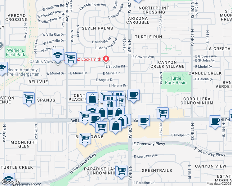 map of restaurants, bars, coffee shops, grocery stores, and more near 419 East Campo Bello Drive in Phoenix