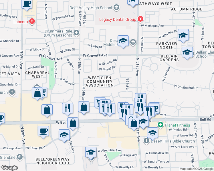 map of restaurants, bars, coffee shops, grocery stores, and more near 5284 West Village Drive in Glendale