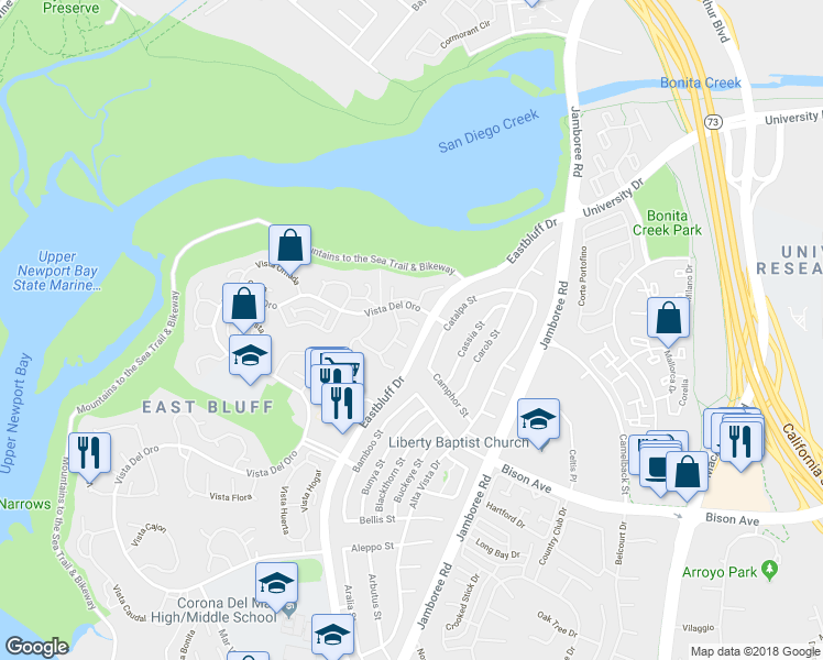 map of restaurants, bars, coffee shops, grocery stores, and more near 521 Cancha in Newport Beach