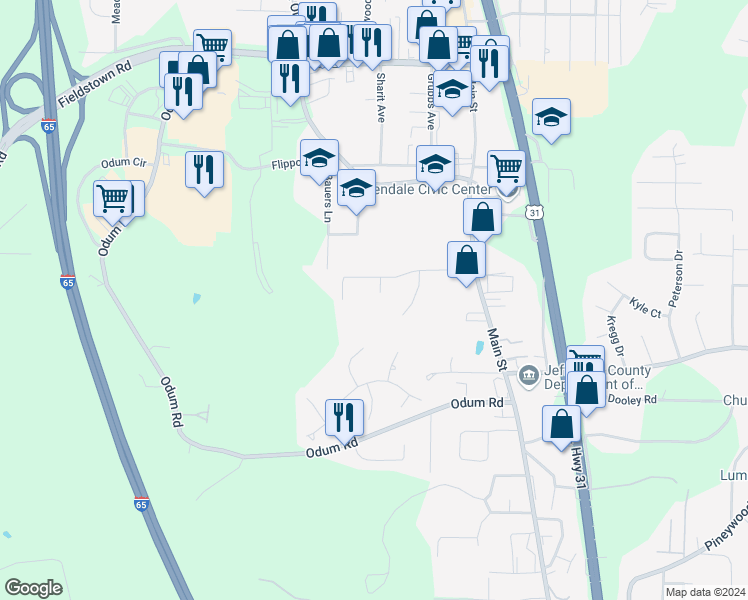 map of restaurants, bars, coffee shops, grocery stores, and more near 4358 Shivas Way in Gardendale