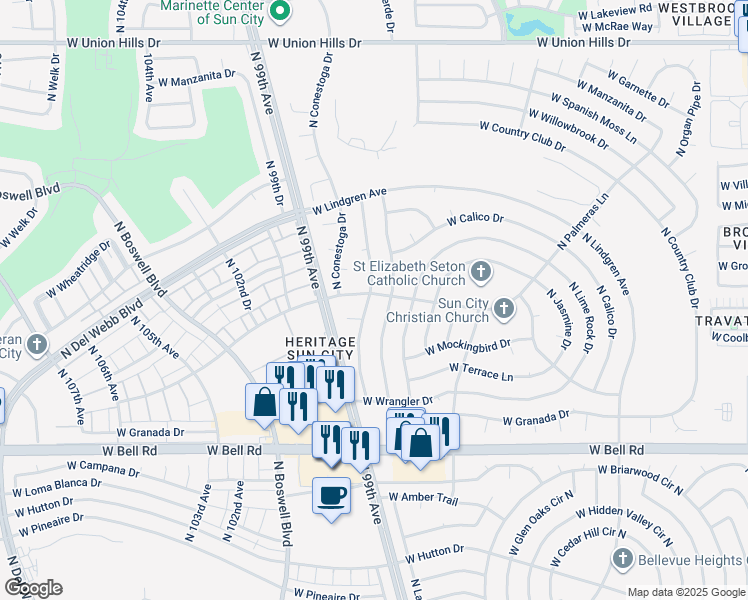 map of restaurants, bars, coffee shops, grocery stores, and more near 17435 North Foothills Drive in Sun City