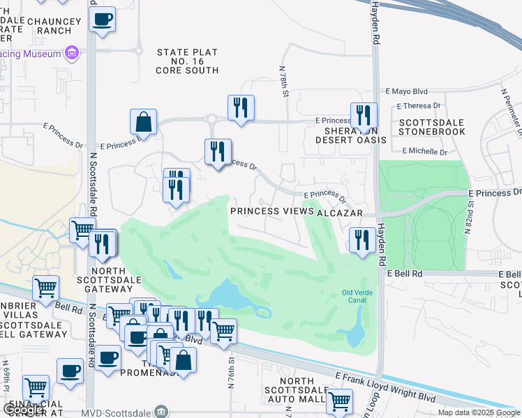 map of restaurants, bars, coffee shops, grocery stores, and more near 7681 East Campo Bello Drive in Scottsdale
