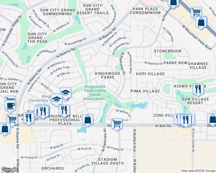 map of restaurants, bars, coffee shops, grocery stores, and more near 14904 West Lupine Lane in Surprise