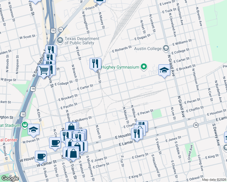 map of restaurants, bars, coffee shops, grocery stores, and more near 703 East Pacific Street in Sherman