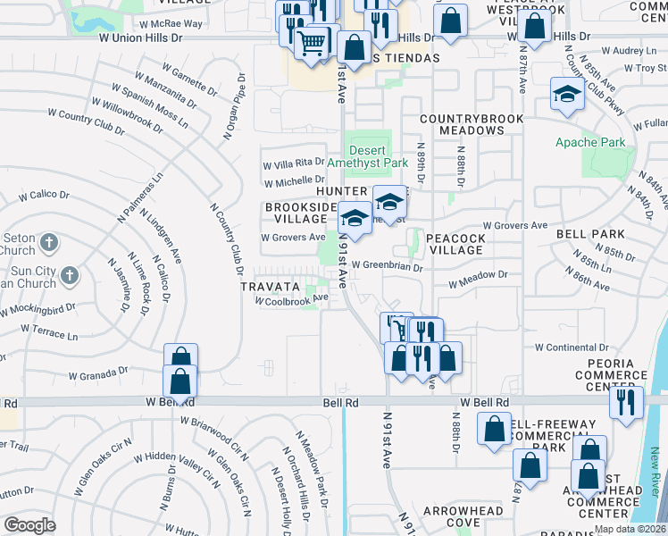 map of restaurants, bars, coffee shops, grocery stores, and more near 9140 West Meadow Drive in Peoria