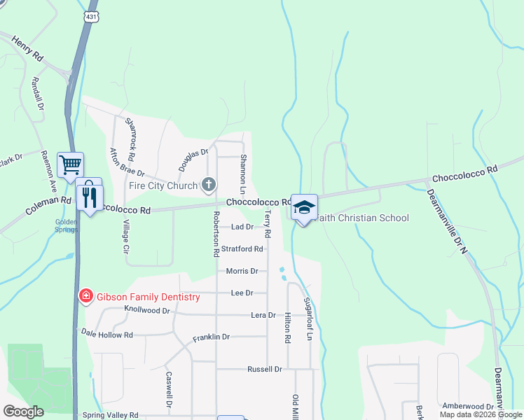 map of restaurants, bars, coffee shops, grocery stores, and more near 644 Choccolocco Road in Anniston