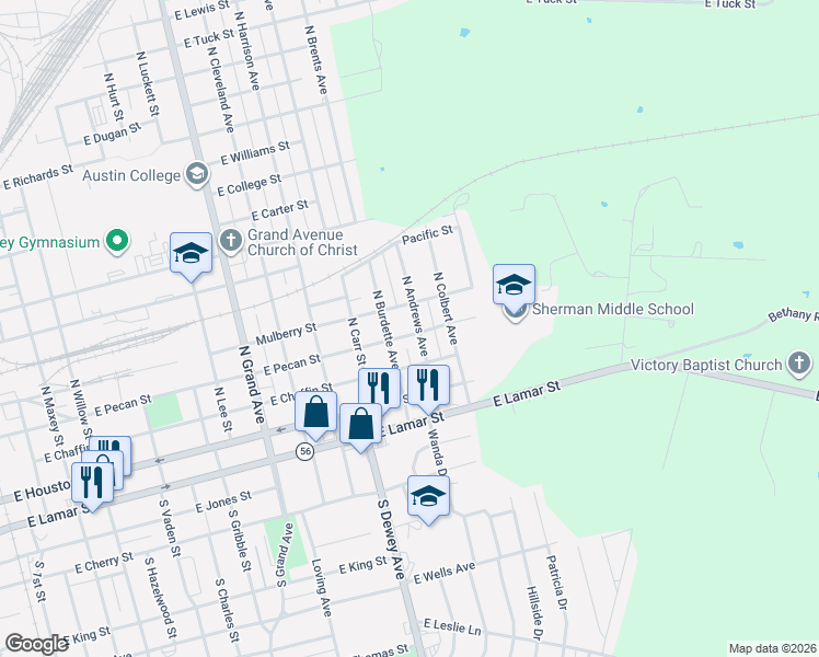 map of restaurants, bars, coffee shops, grocery stores, and more near 301 North Andrews Avenue in Sherman