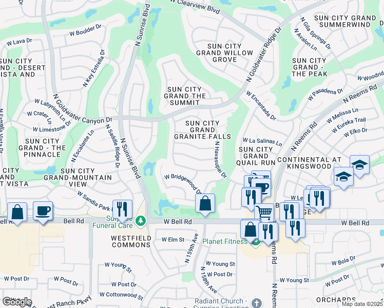 map of restaurants, bars, coffee shops, grocery stores, and more near 15810 West Goldenrod Drive in Surprise