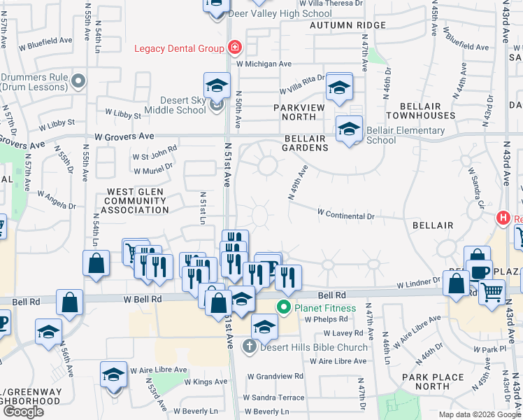 map of restaurants, bars, coffee shops, grocery stores, and more near 4920 West Augusta Circle in Glendale
