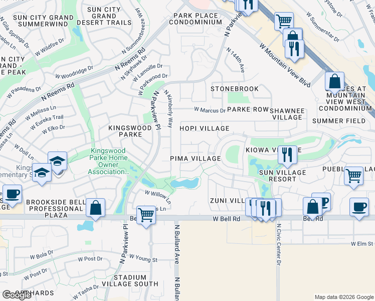 map of restaurants, bars, coffee shops, grocery stores, and more near 14640 West Sandcreek Trail in Surprise