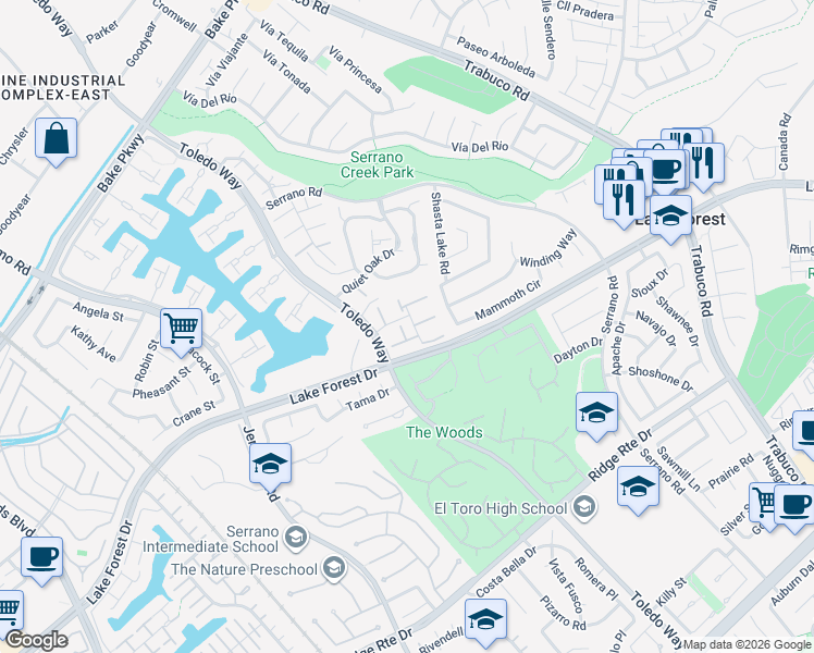 map of restaurants, bars, coffee shops, grocery stores, and more near 21975 Lakeland Avenue in Lake Forest