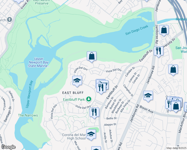 map of restaurants, bars, coffee shops, grocery stores, and more near 329 Vista Suerte in Newport Beach