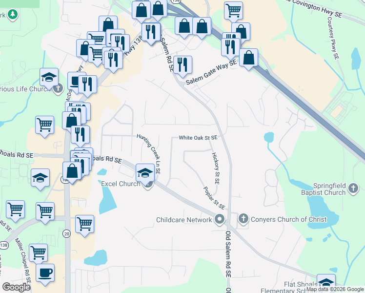 map of restaurants, bars, coffee shops, grocery stores, and more near 1777 Poplar Street Southeast in Conyers