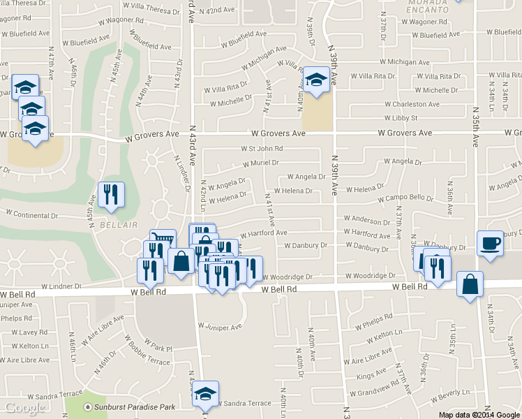 map of restaurants, bars, coffee shops, grocery stores, and more near 4107 West Campo Bello Drive in Glendale