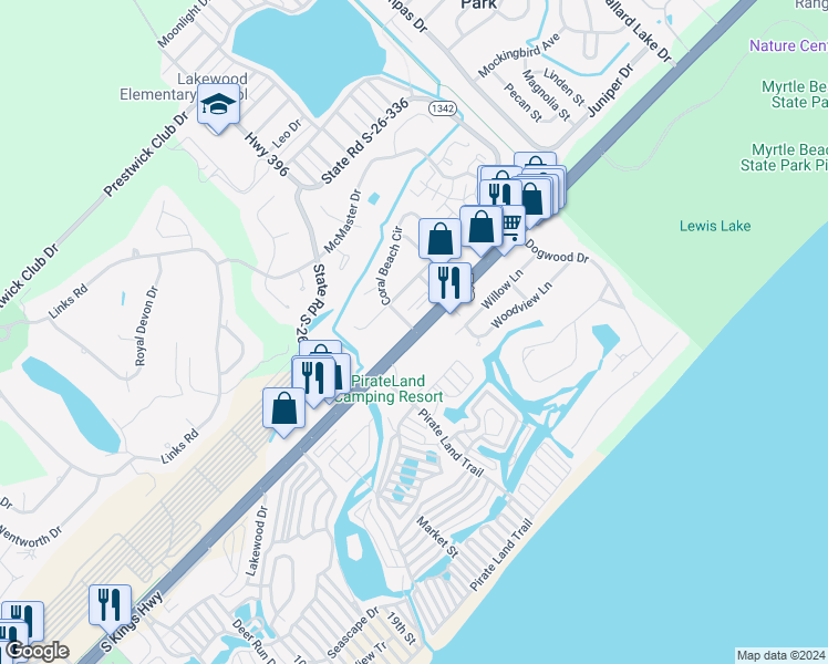 map of restaurants, bars, coffee shops, grocery stores, and more near 5308 South Kings Highway in Myrtle Beach