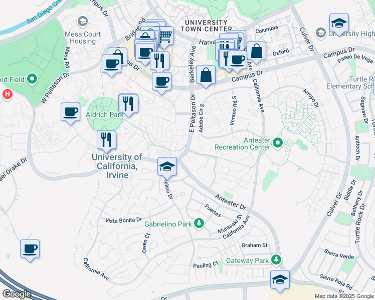 map of restaurants, bars, coffee shops, grocery stores, and more near University of California Irvine in Irvine