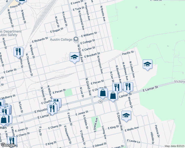 map of restaurants, bars, coffee shops, grocery stores, and more near 404 406 N Cleveland in Sherman