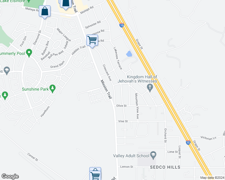 map of restaurants, bars, coffee shops, grocery stores, and more near 32821 Crescent Avenue in Lake Elsinore